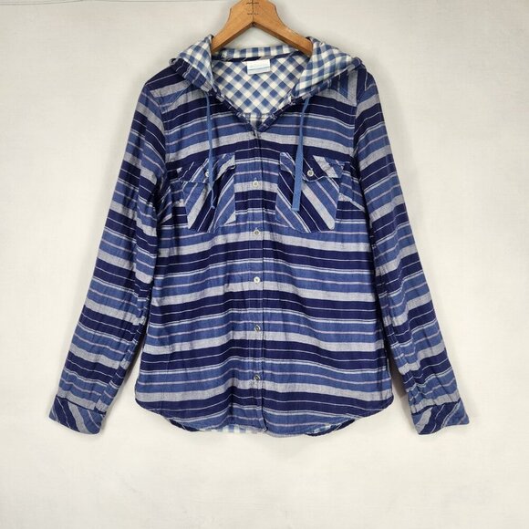 Columbia Button up Hooded Shirt Women's S Blue Stripe Roll Tab Long Sleeve - Picture 3 of 7